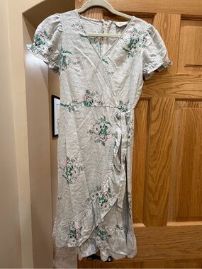 LOFT Light Gray Wrap Midi Dress with Green and Pink Floral Print